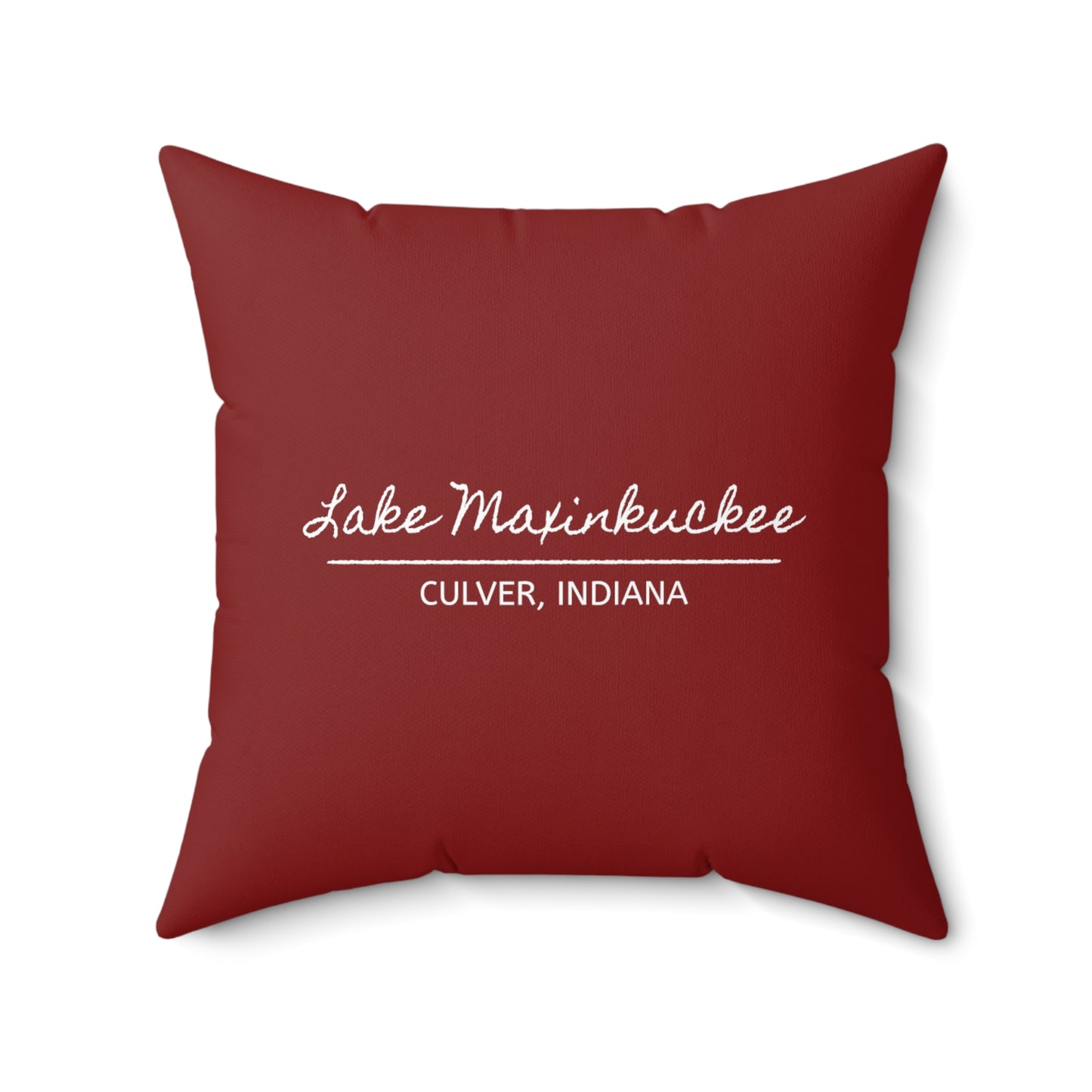 back of pillow says LAKE MAXINKUCKEE, CULVER, INDIANA