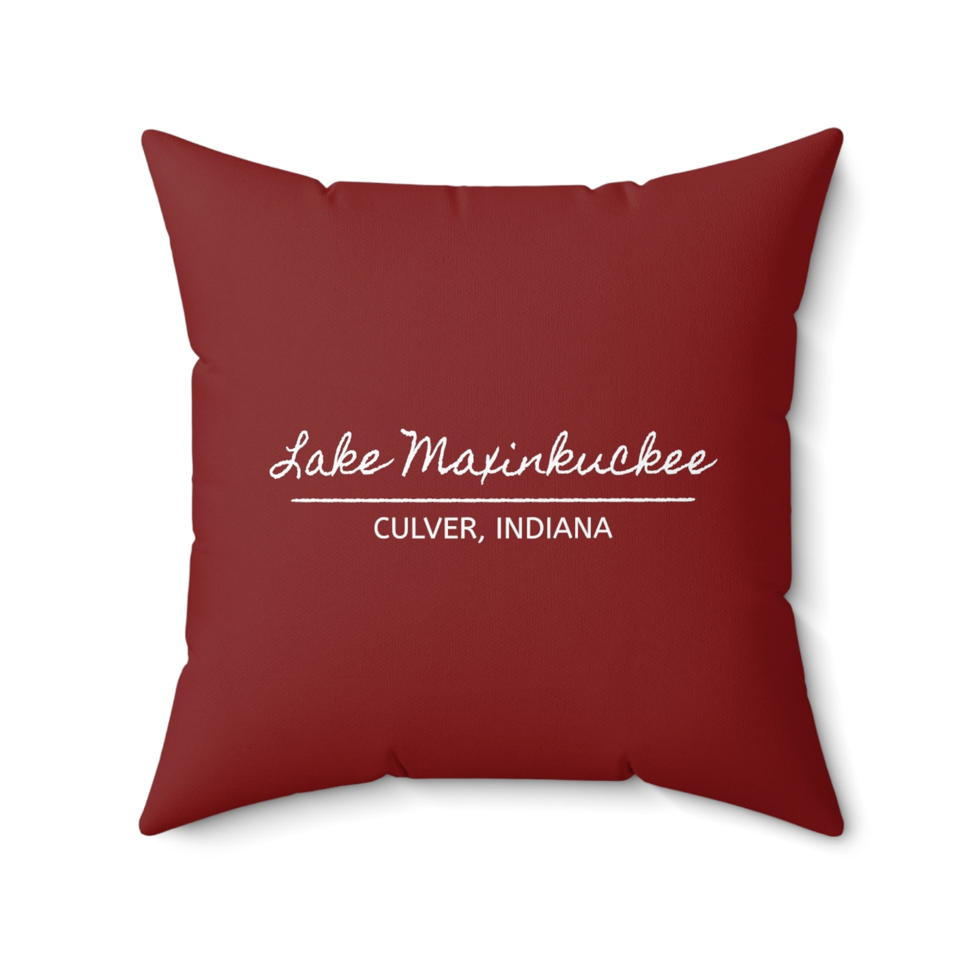 back of pillow says LAKE MAXINKUCKEE, CULVER, INDIANA