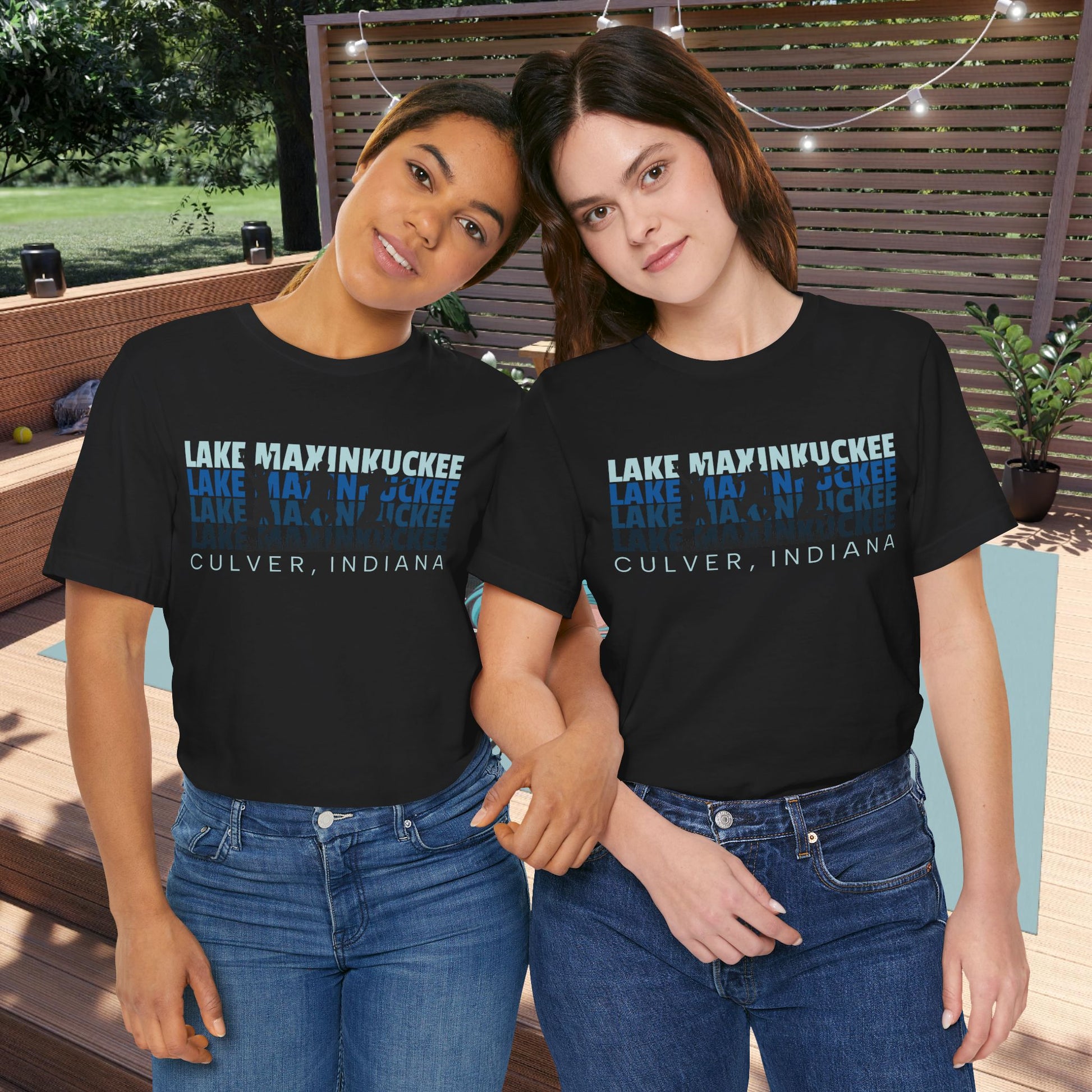 Lake Maxinkuckee Blues Fade Unisex Tee on a couple of happy customers