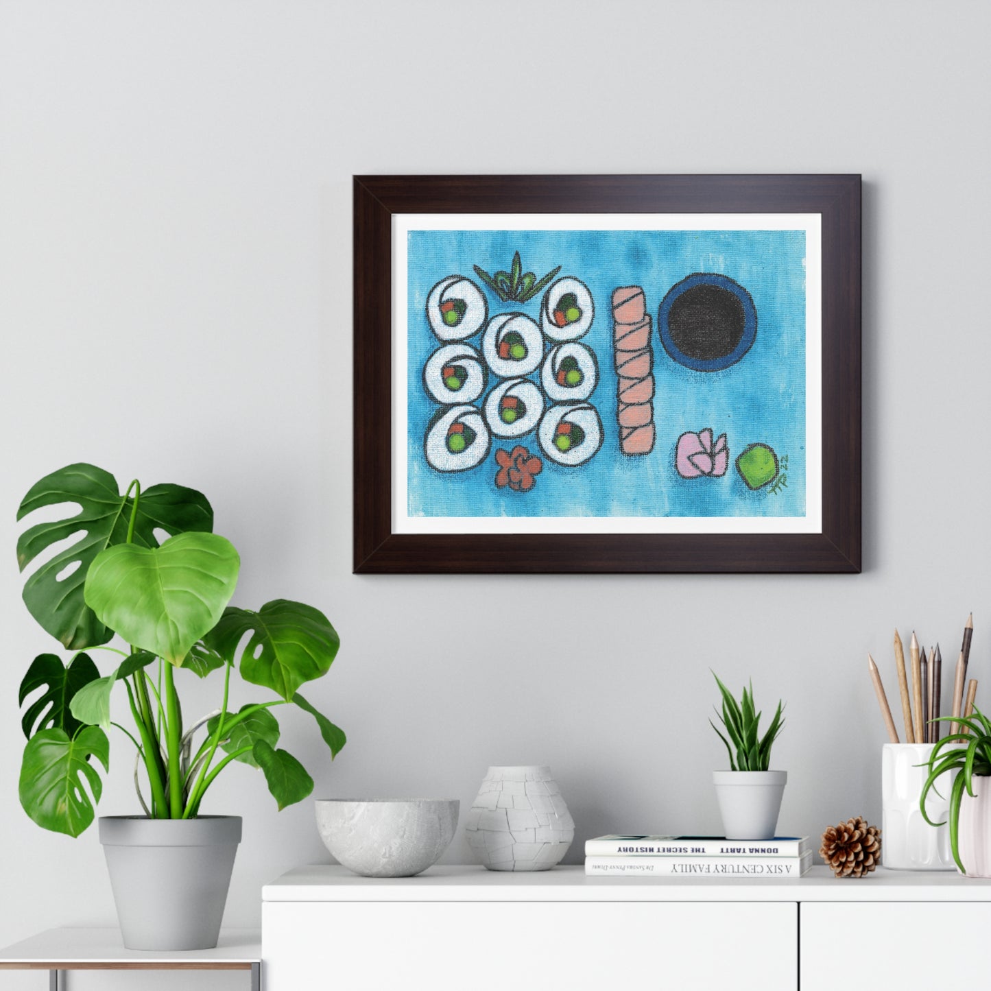 Sushi Blue Plate Special #1, Vegetable Maki and Salmon Sashimi Framed Horizontal Poster