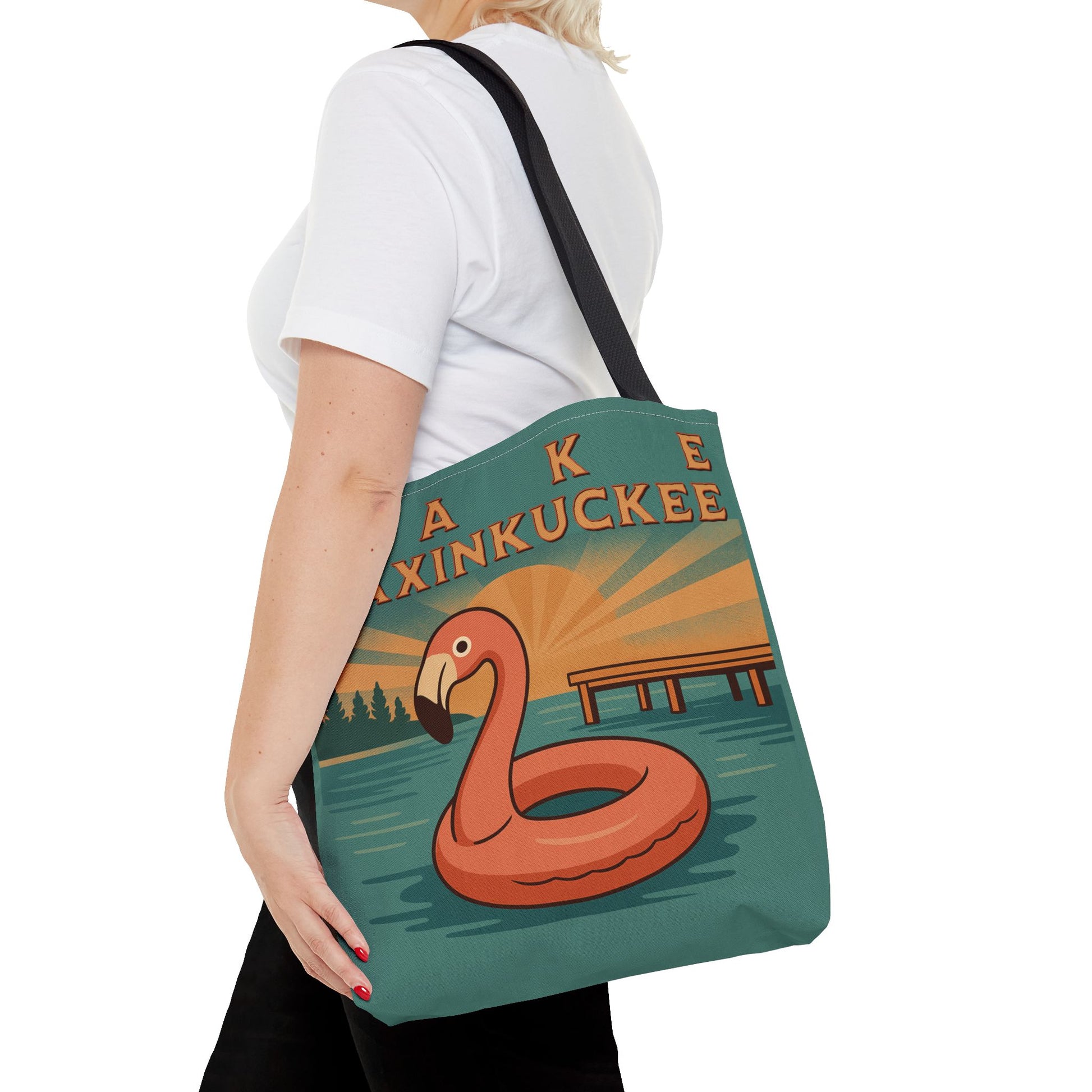 Tote bag with flamingo design and 'Lake Maxinkuckee' text 