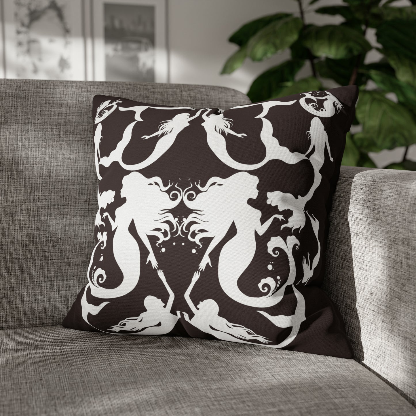 Mermaids in Silhouette (WHITE/EARTH) Spun Polyester Square Pillow Case