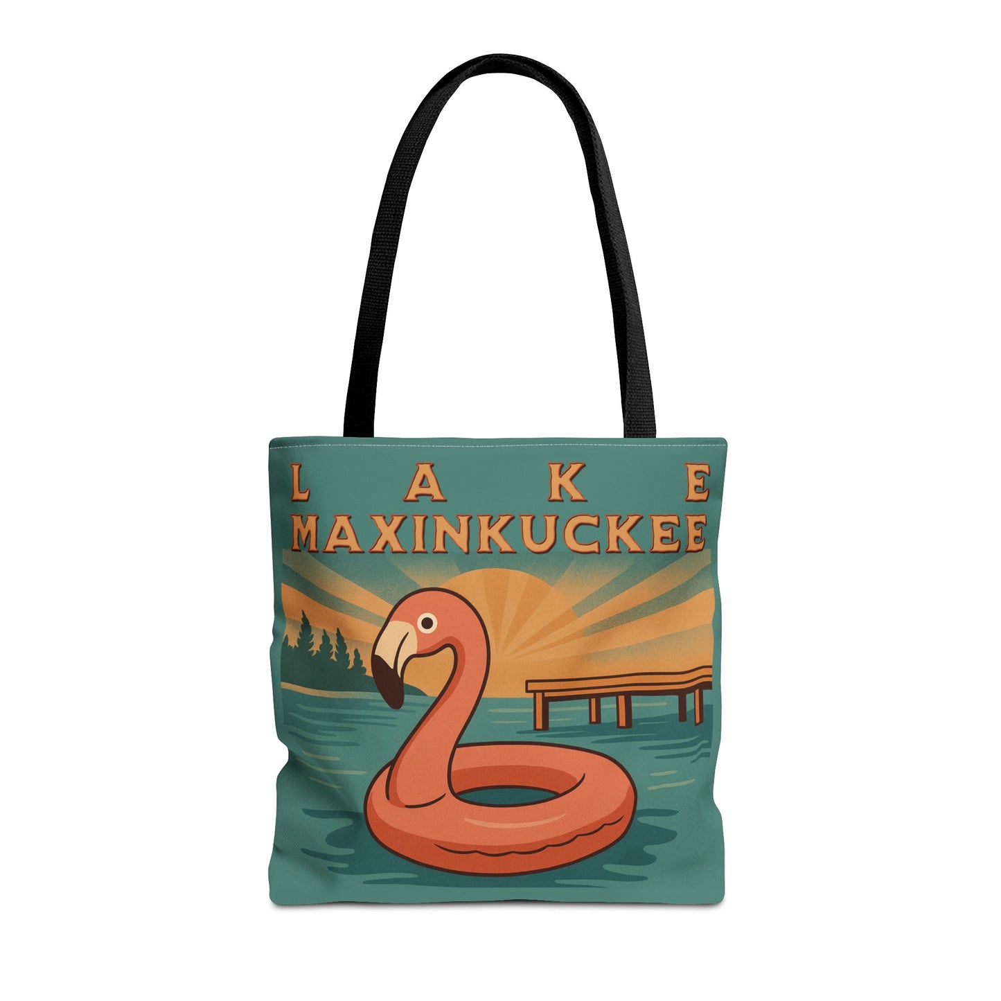 Tote bag with flamingo design and 'Lake Maxinkuckee' text 