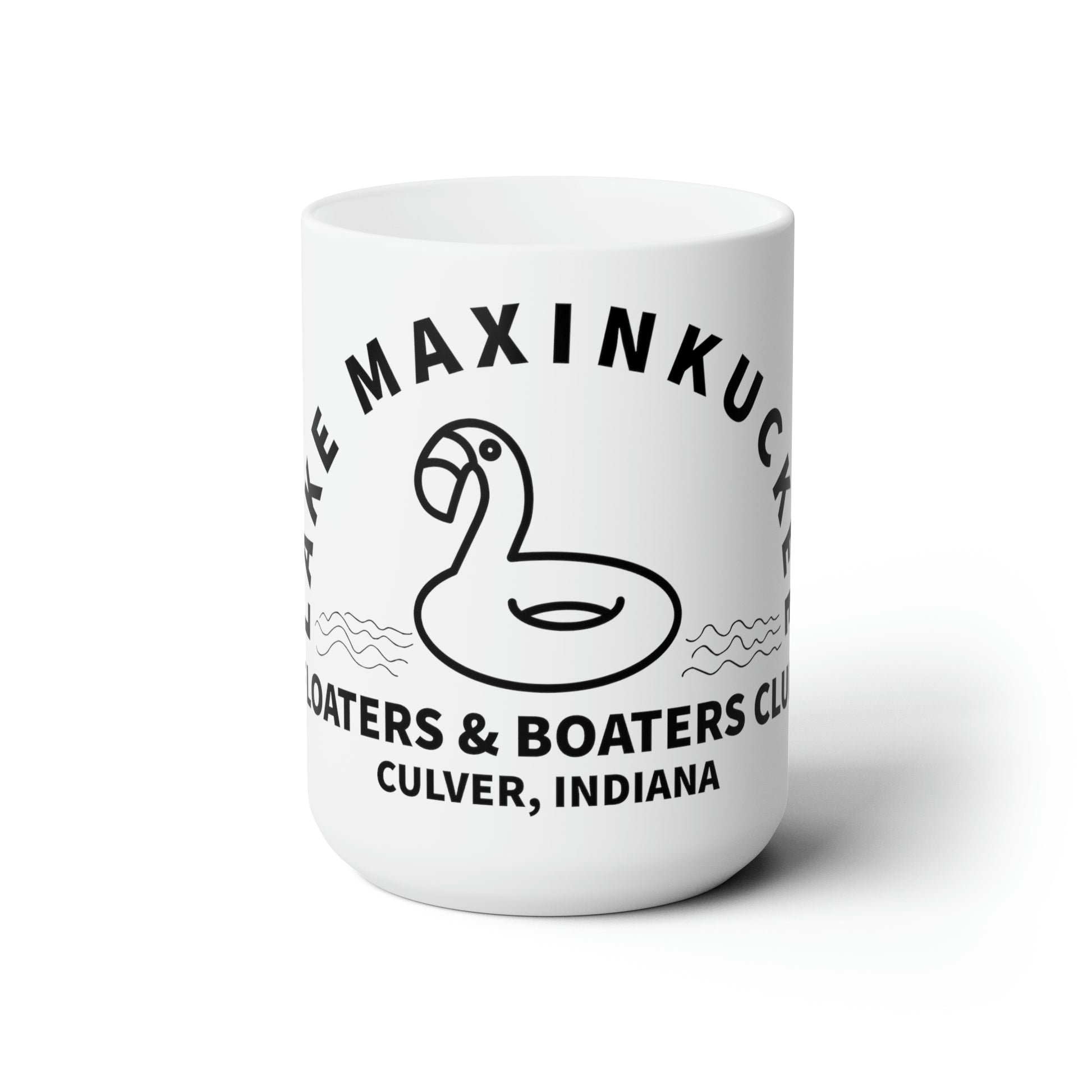 graphic of a flamingo float with text Lake Maxinkuckee Floaters & Boaters, Culver Indiana