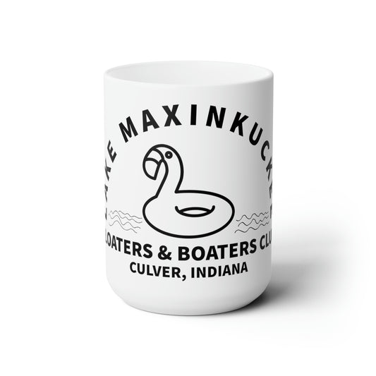 graphic of a flamingo float with text Lake Maxinkuckee Floaters & Boaters, Culver Indiana