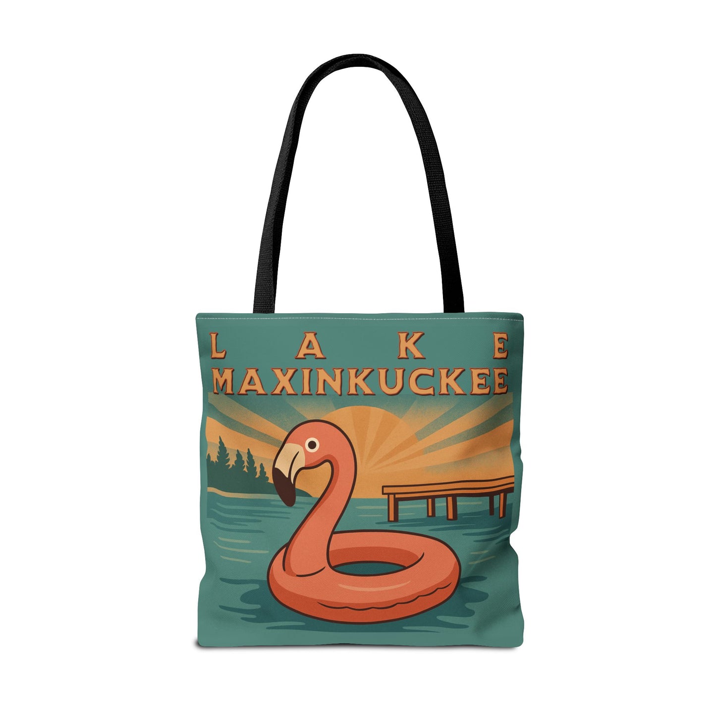 Tote bag with flamingo design and 'Lake Maxinkuckee' text 
