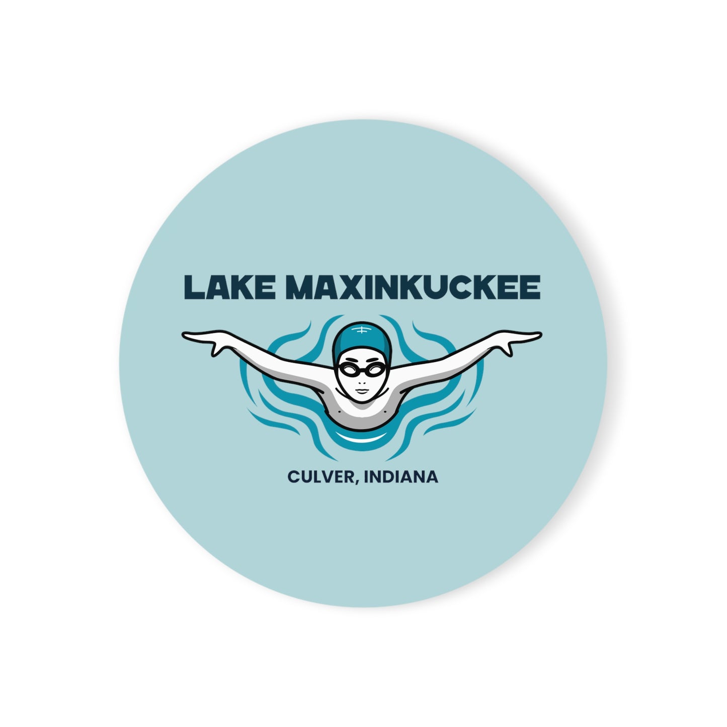 graphic of a swimmer from the front with arms spread and text Lake Maxinkuckee Culver Indiana