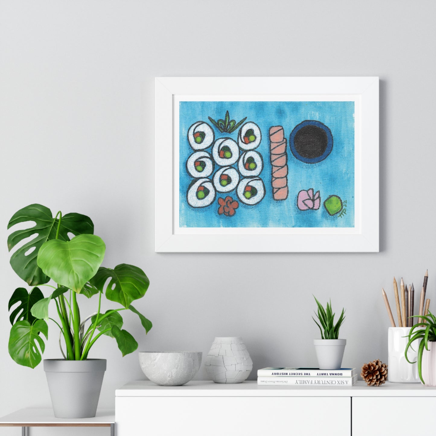 Sushi Blue Plate Special #1, Vegetable Maki and Salmon Sashimi Framed Horizontal Poster