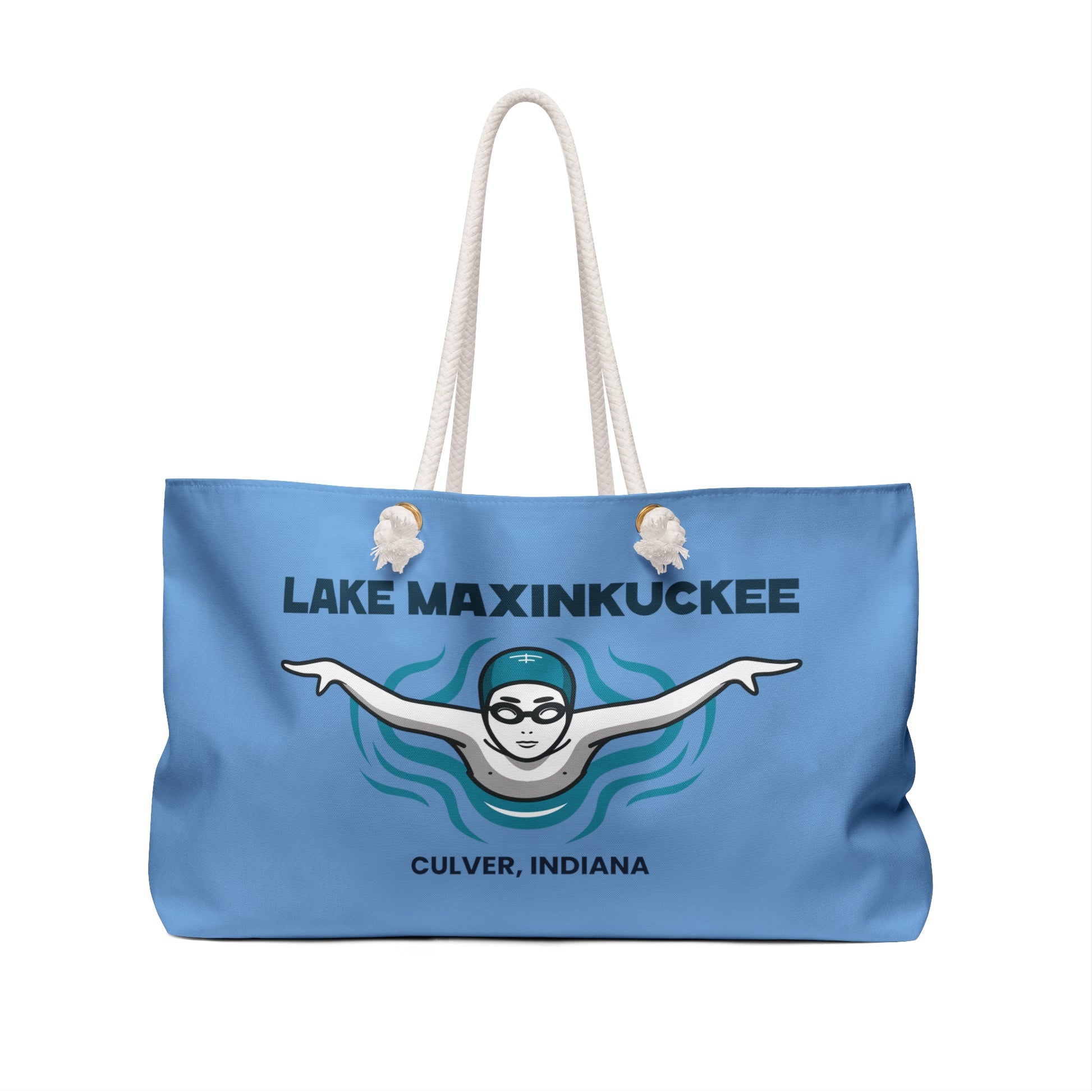 graphic of a swimmer from the front with arms spread and text Lake Maxinkuckee Culver Indiana