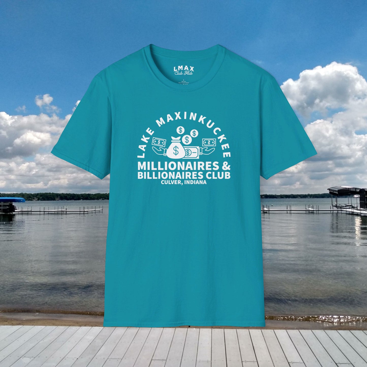 Millionaires & Billionaires Club, Lake Maxinkuckee, Culver, Indiana, White Print Unisex Softstyle Tee