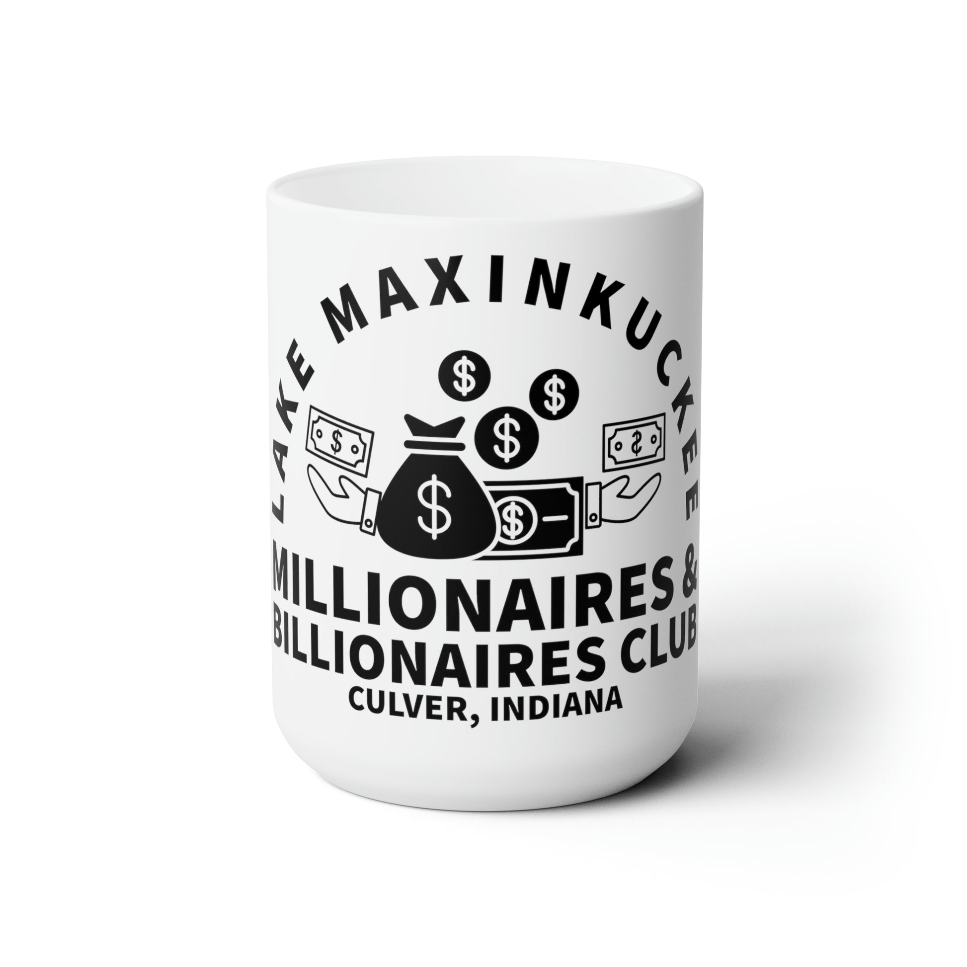 graphic of money bags, piles of money, and dollar signs with text Lake Maxinkuckee Millionaires & Billionaires Club, Culver Indiana