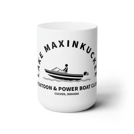 graphic of a power boat with text Lake Maxinkuckee Pontoon & Power Boat Club Culver Indiana