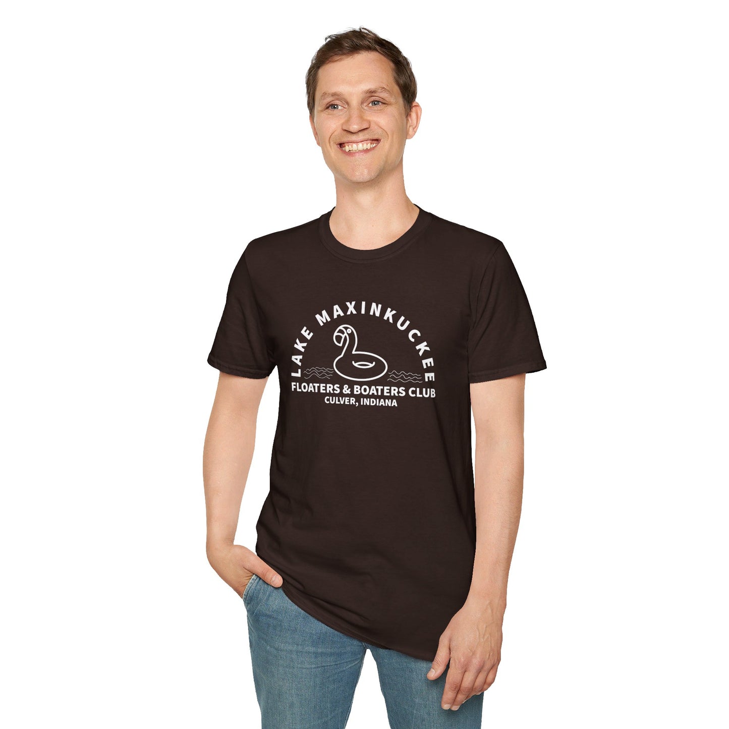 Lake Maxinkuckee Floaters & Boaters White Print Unisex Softstyle T-Shirt