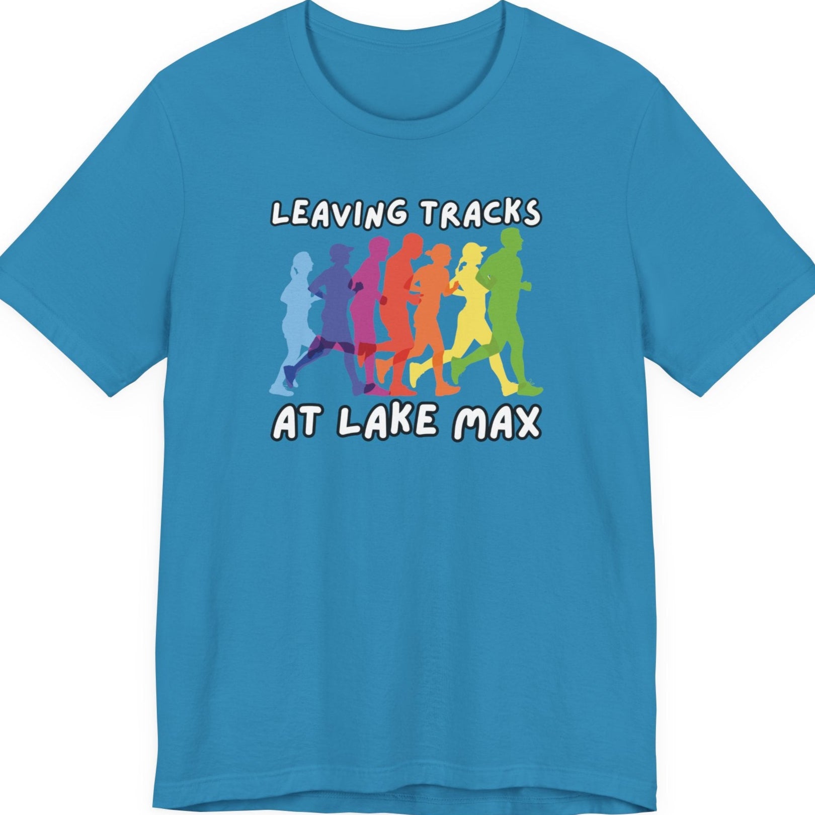 Leaving Tracks at Lake Max Colorful Runners ultimate Unisex Jersey Short Sleeve Tee in aqua