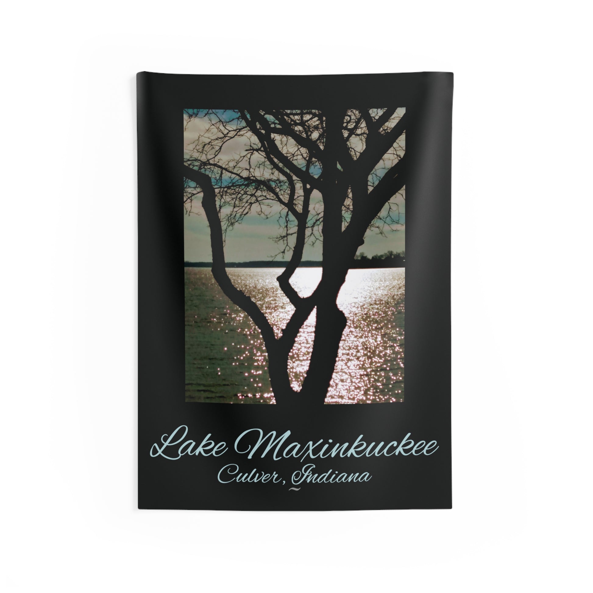 graphic of a color photo with a tree in the foreground and Lake Maxinkuckee in the background with text Lake Maxinkuckee Culver Indiana