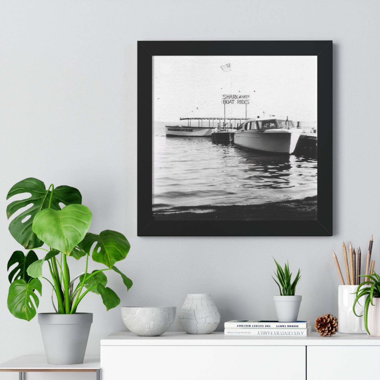 Lake Maxinkuckee Shark boat Framed Vertical Poster