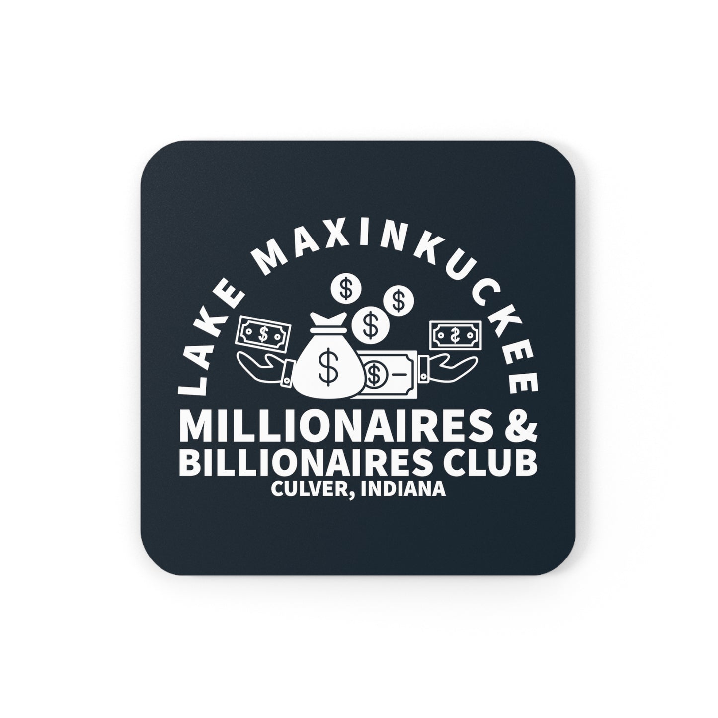 graphic of money bags, piles of money, and dollar signs with text Lake Maxinkuckee Millionaires & Billionaires Club, Culver Indiana