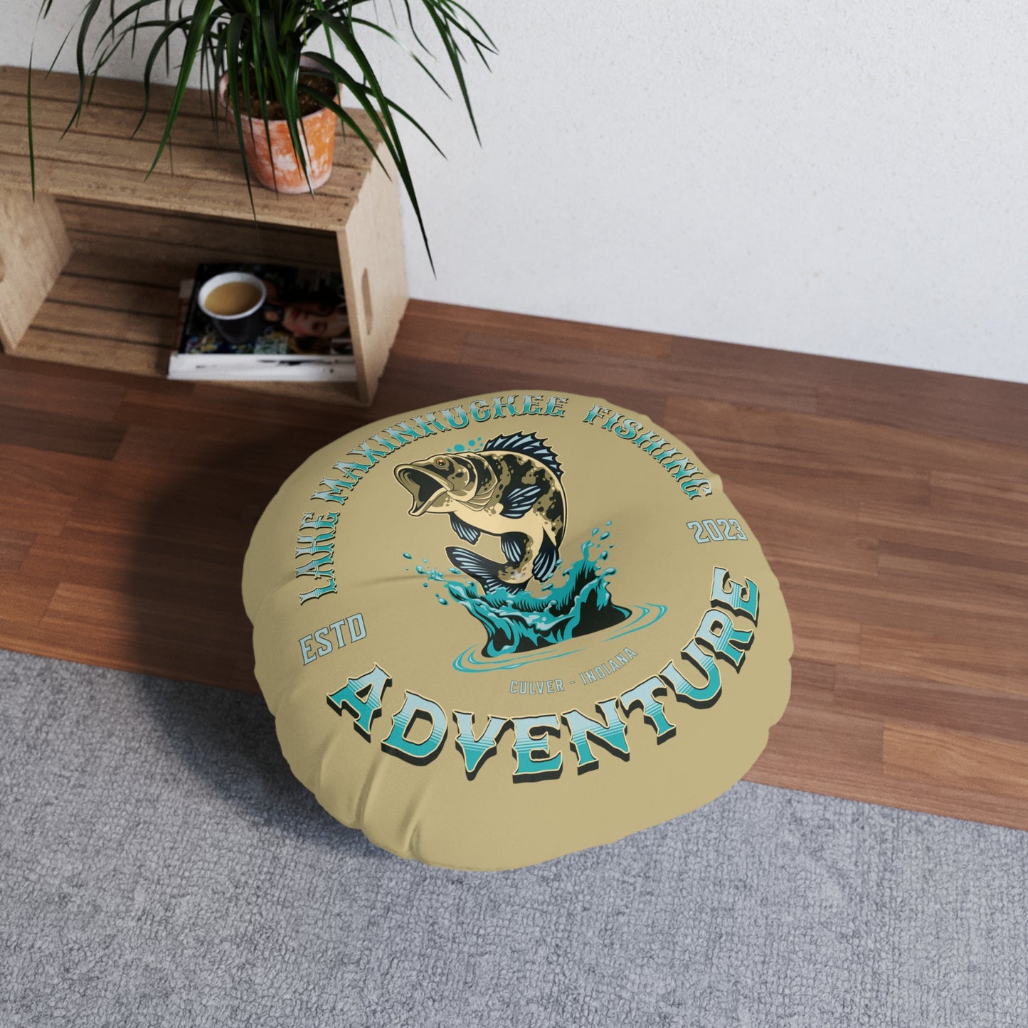 Lake Maxinkuckee Fishing Adventure Tufted Floor Pillow, Round