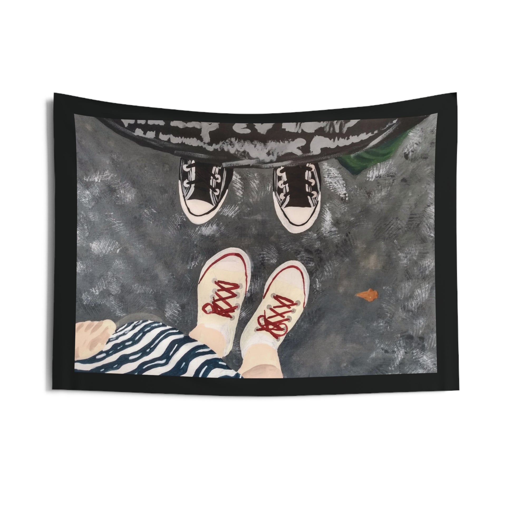 graphic of an original painting by Tina Pare of two sets of feet wearing Converse Allstars facing each other on a blacktop road that has gum on it