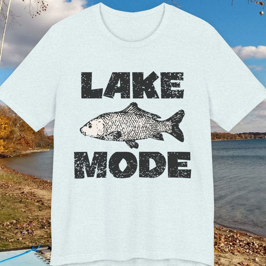 White t-shirt with 'Lake Mode' graphic on a lakeside background