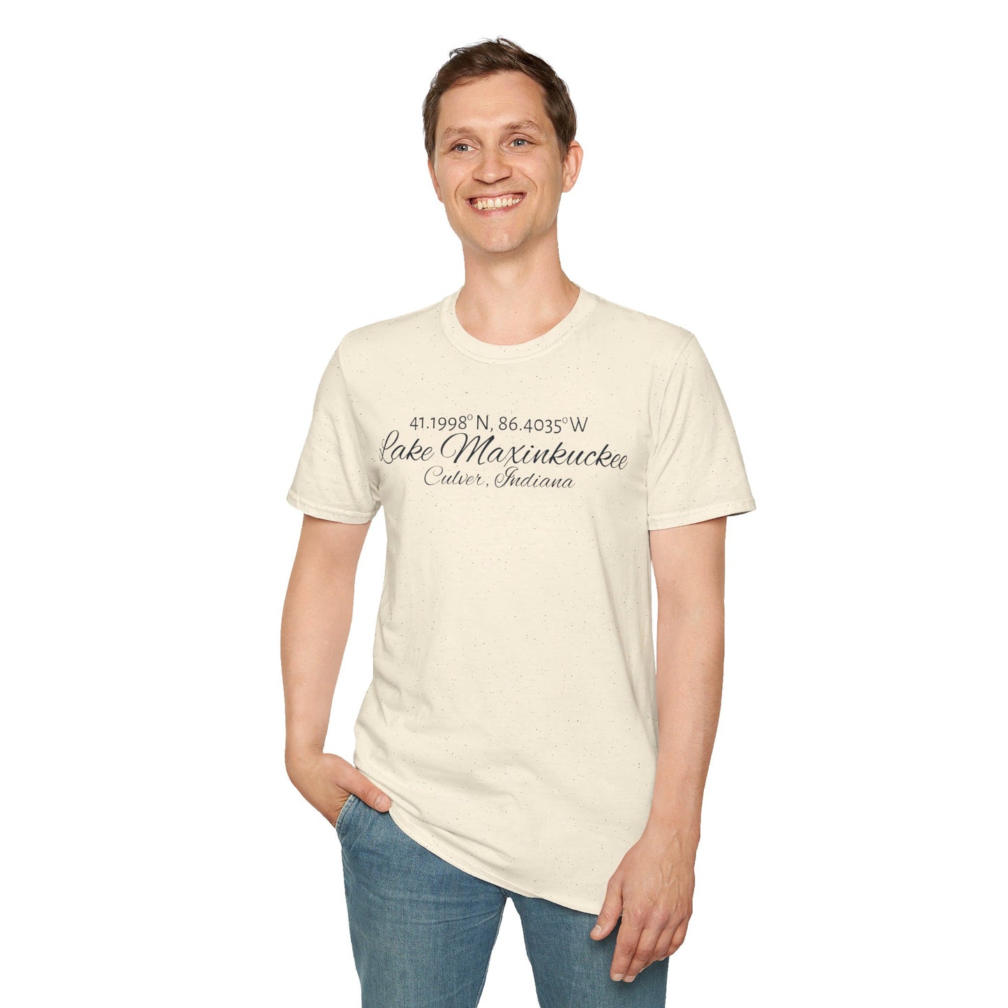 Lake Maxinkuckee Latitude/Longitude coordinates Unisex super soft tee for that Lake Life!