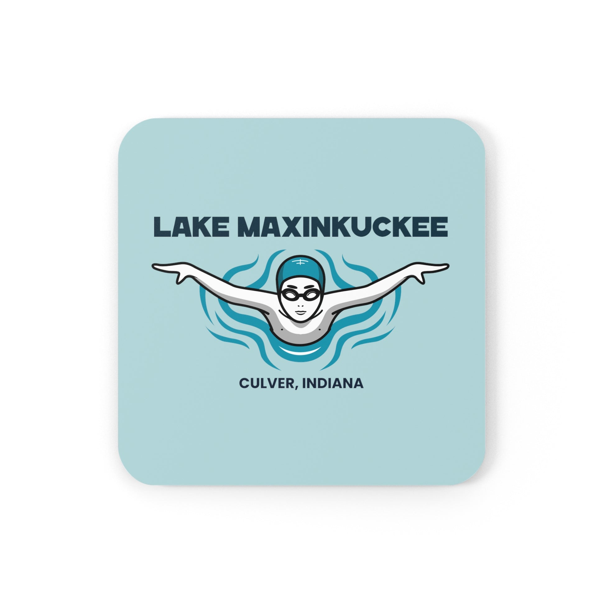 graphic of a swimmer from the front with arms spread and text Lake Maxinkuckee Culver Indiana