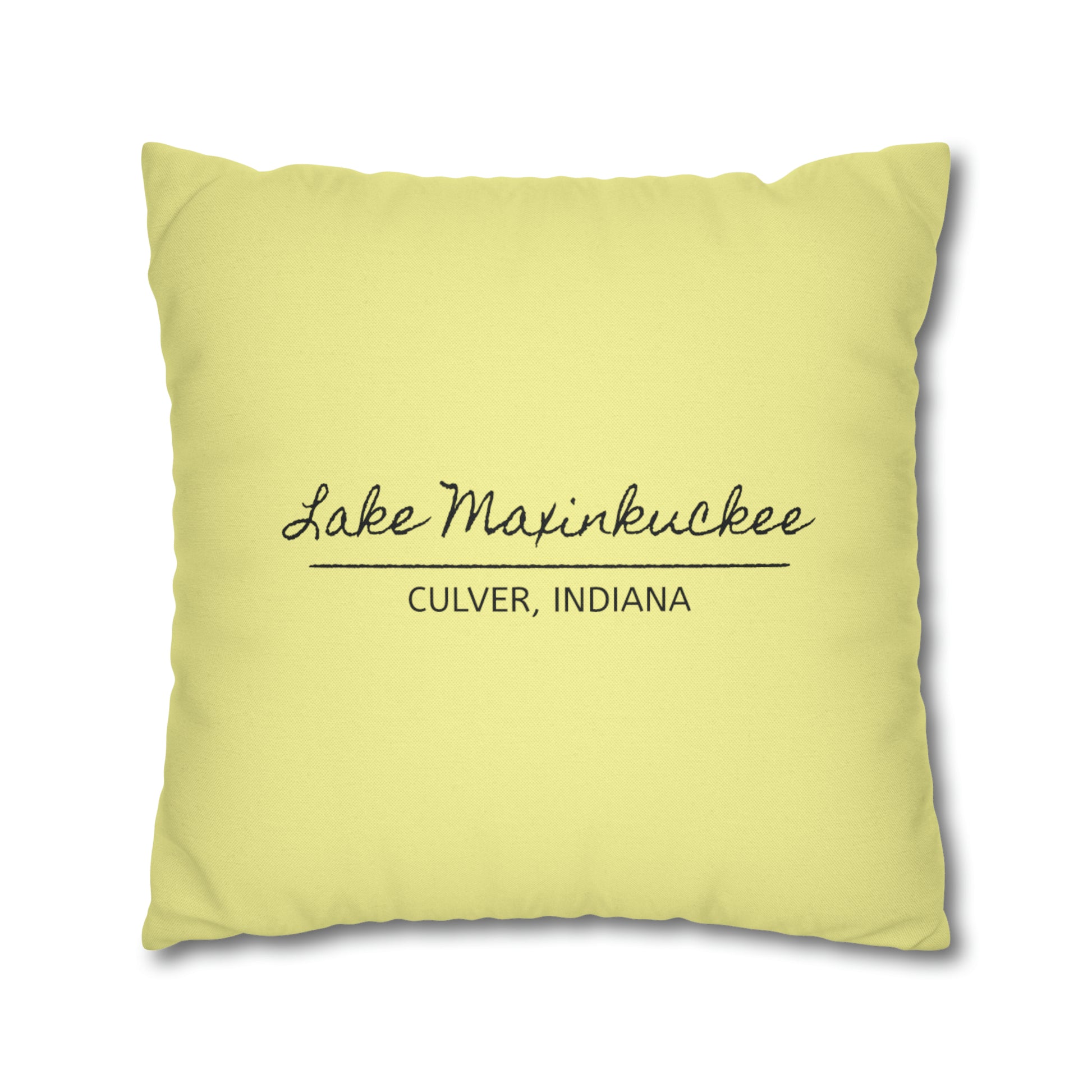 back of pillow says LAKE MAXINKUCKEE, CULVER, INDIANA