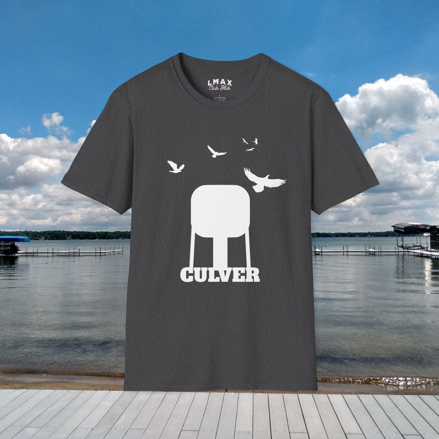 Culver Indiana Water Tower with Turkey Vultures in White Silhouette Unisex Softstyle T-Shirt