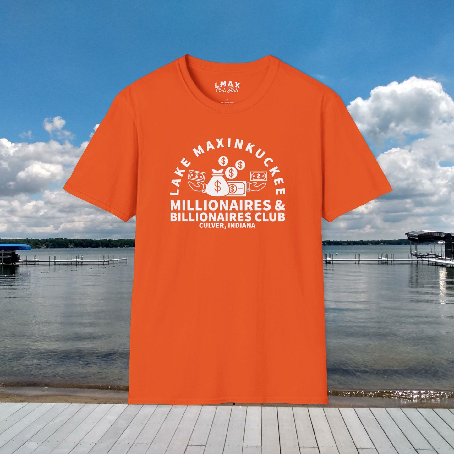 Millionaires & Billionaires Club, Lake Maxinkuckee, Culver, Indiana, White Print Unisex Softstyle Tee