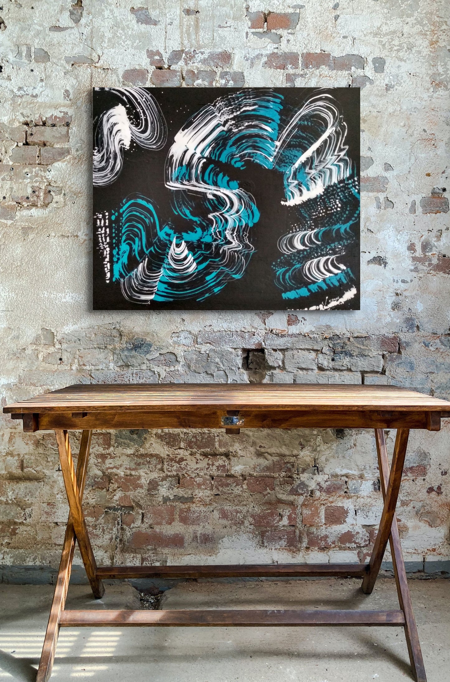 Jellyfish Slinky #13 abstract painting in black, white, turquoise, water themed wall art POD Canvas Gallery Wraps