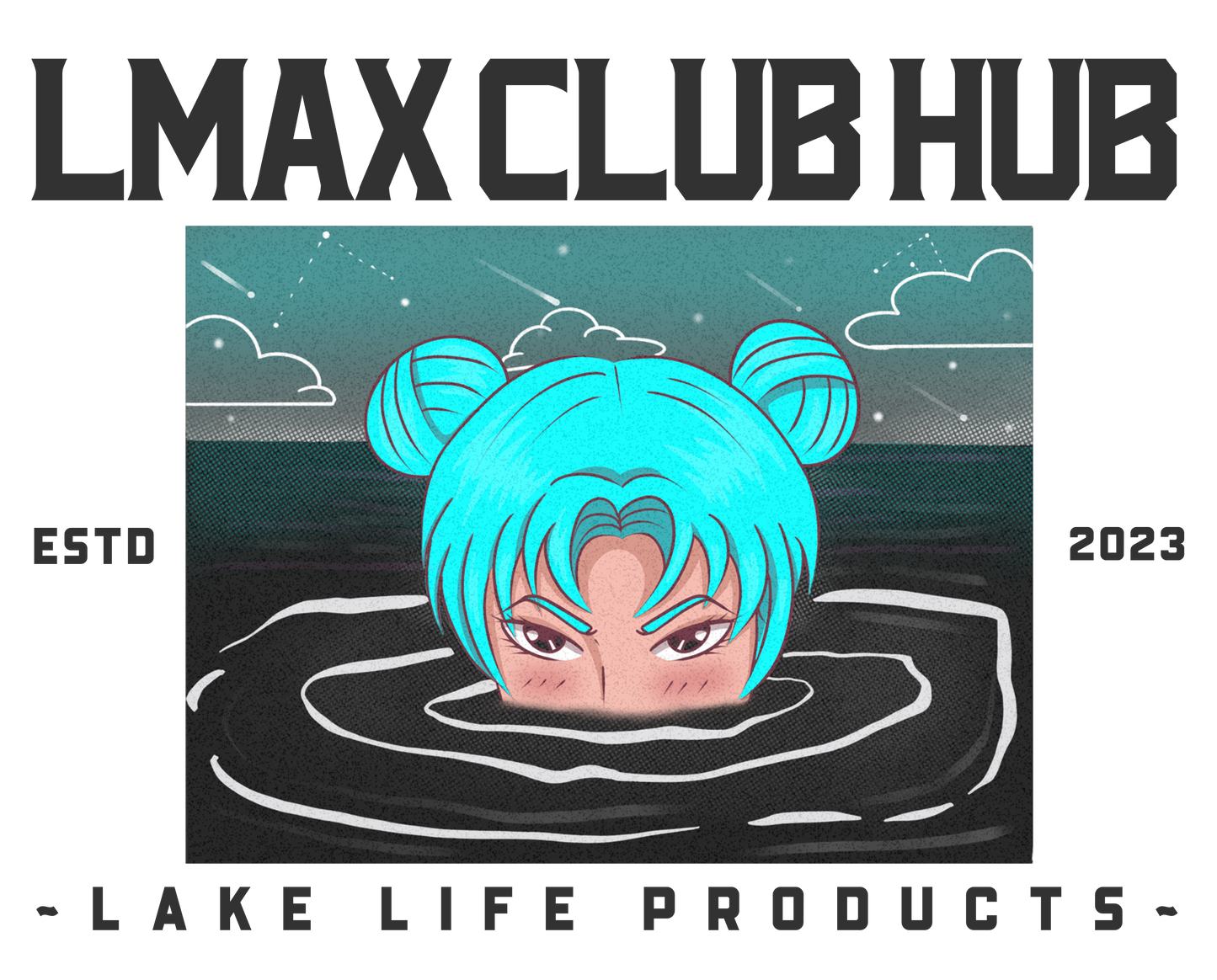 graphic of a girls head partially under water with the text LMAX CLUB HUB, lake life products