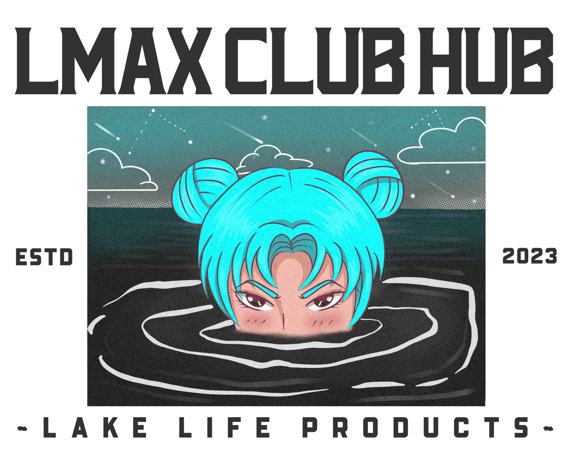 graphic of a girls head partially under water with the text LMAX CLUB HUB, lake life products