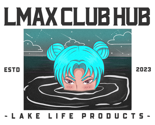 graphic of a girls head partially under water with the text LMAX CLUB HUB, lake life products