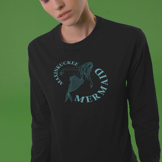 shirt with line drawing of mermaid with text Maxinkuckee Mermaid surrounding