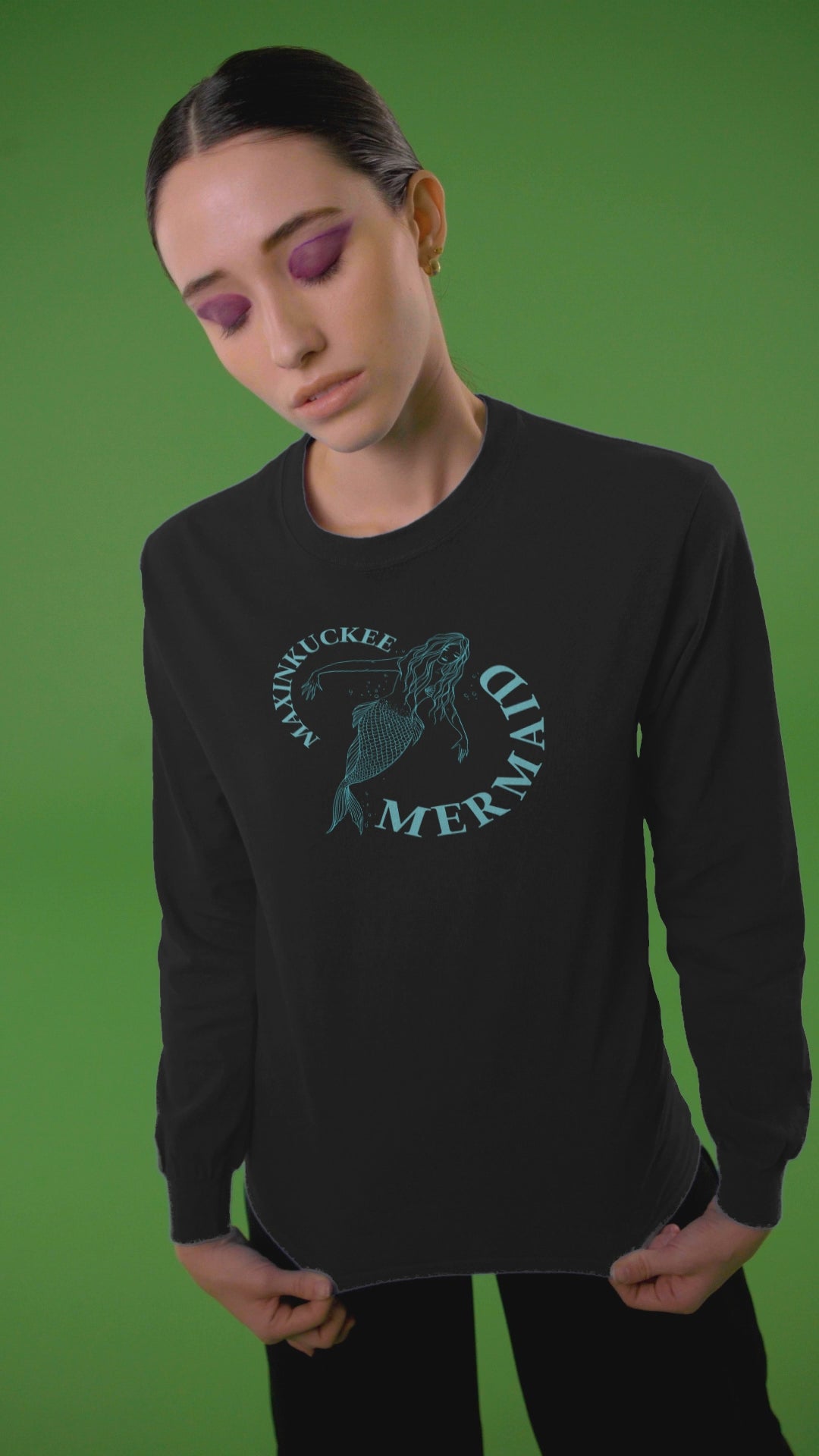 shirt with line drawing of mermaid with text Maxinkuckee Mermaid surrounding