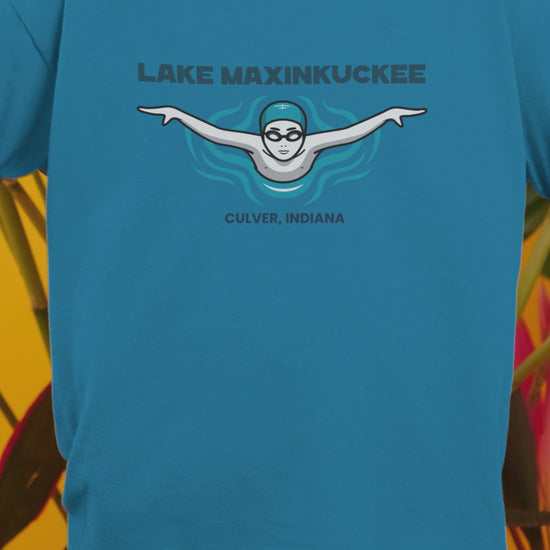 kid shirt with graphic of a shimmer from the front with arms spread and text Lake Maxinkuckee Culver Indiana