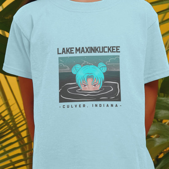 kid in a shirt with a graphic of a girls head partially under water with the text Lake Maxinkuckee Culver Indiana