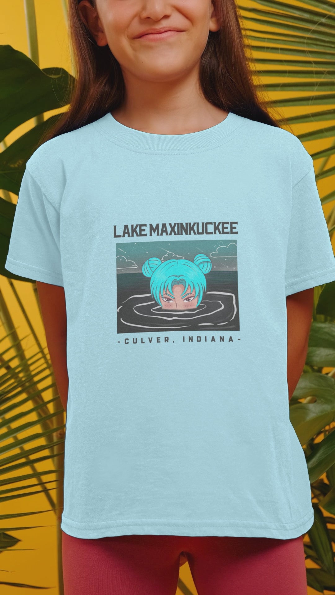 kid in a shirt with a graphic of a girls head partially under water with the text Lake Maxinkuckee Culver Indiana